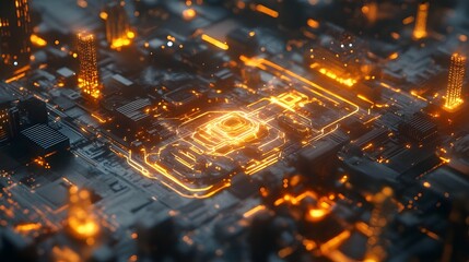 Futuristic city glowing with digital projections of business industries