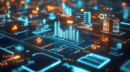 Futuristic city with digital projections of business sectors