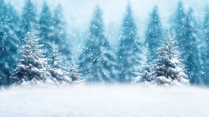 Snowy Forest Landscape with Evergreen Trees and Falling Snowflakes