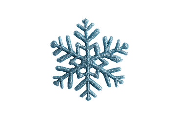 Intricate blue snowflake with glitter texture on black background, cut out