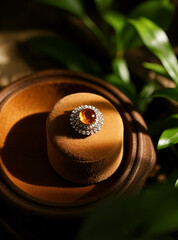 A display picture of an exquisite ring placed on a velvet pad.