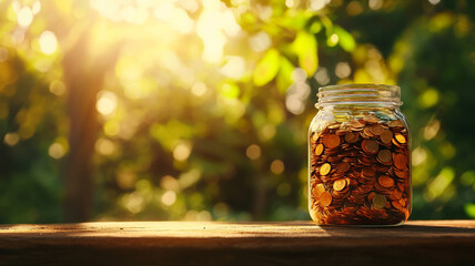 glass jar filled with coins sits on wooden table, surrounded by lush greenery and soft sunlight. This serene scene evokes feelings of savings and prosperity