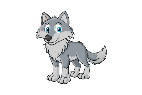 Cartoon Gray Wolf Standing on Transparent Background with Blue Eyes and Friendly Smile