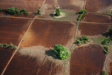 Naklejka premium Aerial view landscape cityscape small village countryside rural with paddy rice field of Angkor Wat at SiemReap city from balloon fly bring travelers travel visit in Siem Reap, Cambodia