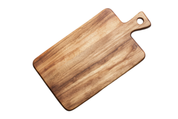 Wooden cutting board with handle on black background, cut out