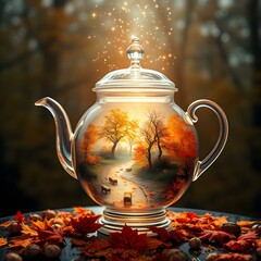 Autumnal Enchantment: A Glass Teapot Holds a Magical Fall Landscape                                                     