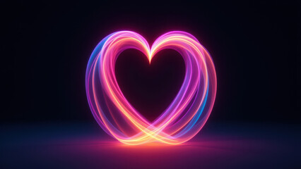 Futuristic abstract digital heart design with neon light effect on dark background.