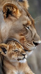 Obraz premium A gentle mother lioness with her cub in the wild, showing the care and bond between generations. Articles about wildlife, animal care, and family bonds in the animal kingdom.
