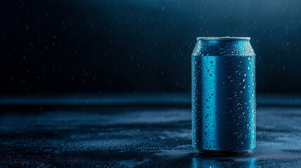 Stylish cold drink in blue aluminum can made of recycled materials, rain dripping on can and background, copy space with futuristic interior with chilled drink in neon background