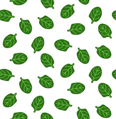 Spinach leaves seamless pattern. Vector flat Green leaves of vitamin salad. Background for textiles, tablecloths, fabrics, wallpapers, fabric, labels, t-shirt printing.  Eat green