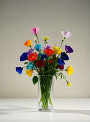 Colorful flowers inserted in a transparent vase.