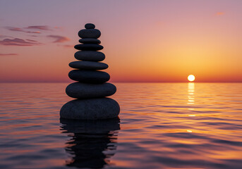 Zen Stone Stack in Water at Sunset,Perfect harmony: A stack of stones balances serenely in the water, bathed in the golden light of a tranquil sunset