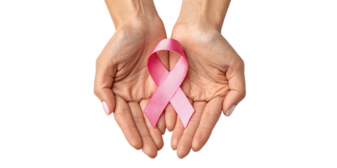Hands gently holding a pink ribbon symbolizing breast cancer awareness. Isolated on transparent background. Ideal for health campaigns, October events, or medical support concepts.
