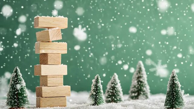 Wood blocks stacked amidst snowy trees create a cozy winter scene.