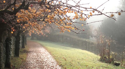 Naklejka premium Misty autumn path with orchard, and fall.