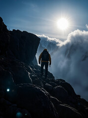 Mountaineer's silhouette on a high mountain