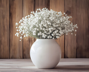 "White Baby’s Breath Flowers in Ceramic Vase – Rustic Floral Decor Stock Photo"