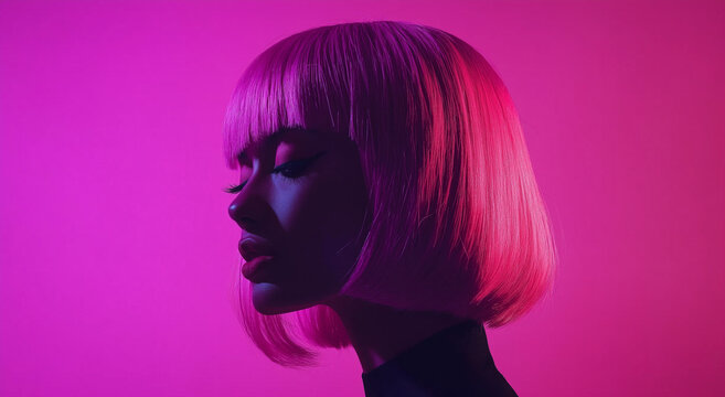 Retrato de uma linda mulher emocional com peruca rosa em fundo roxo
