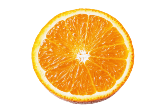 Top view of a fresh orange slice isolated on black background, cut out