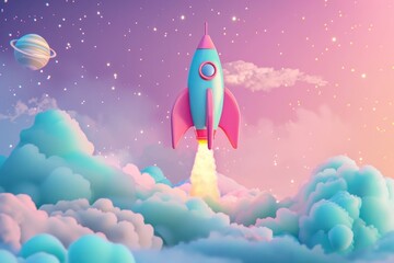 Fototapeta premium Cute space and satellite background missile vehicle cartoon.