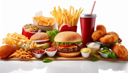 fast food arranged neatly isolated on white focus on iconic presentation