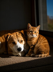 Cats and dogs leaning on each other in a warm scene
