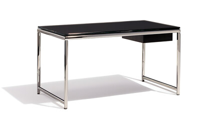 A black desk with a silver frame and a black drawer