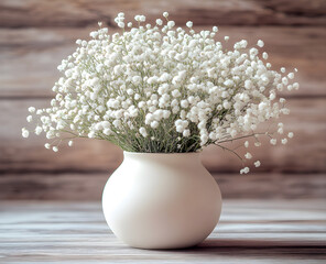 "White Baby’s Breath Flowers in Ceramic Vase – Rustic Floral Decor Stock Photo"