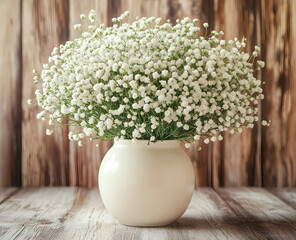 "White Baby’s Breath Flowers in Ceramic Vase – Rustic Floral Decor Stock Photo"