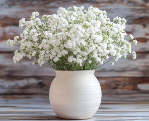 "White Baby’s Breath Flowers in Ceramic Vase – Rustic Floral Decor Stock Photo"