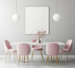 Pink chairs, marble table, and gold frame in minimalist dining room.