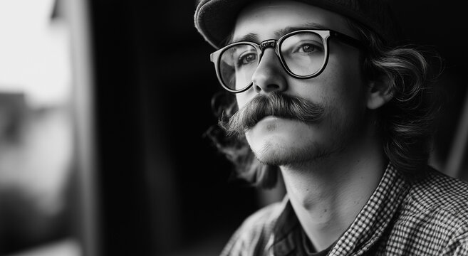 Hipster bem cuidado com bigode longo depois de visitar o barbeiro