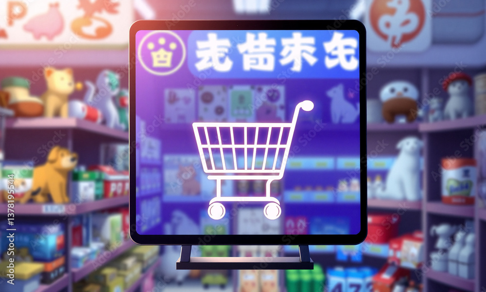 Poster digital screen displays a shopping cart icon, set against a softly blurred backdrop of pet store she