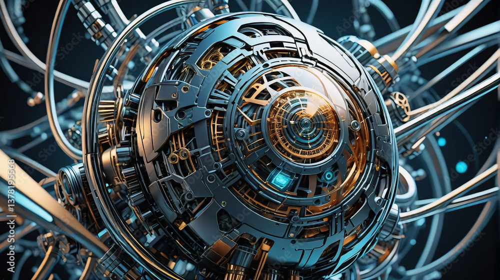 Fototapete intricate metallic sphere with gears and tubes against a dark backdrop. a complex and futuristic tec