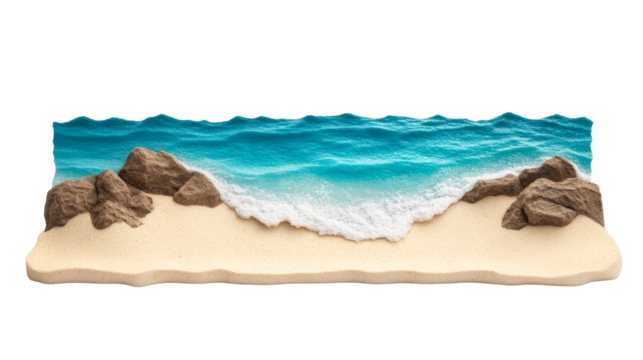 Miniature beach with rocks and turquoise water, cut out transparent
