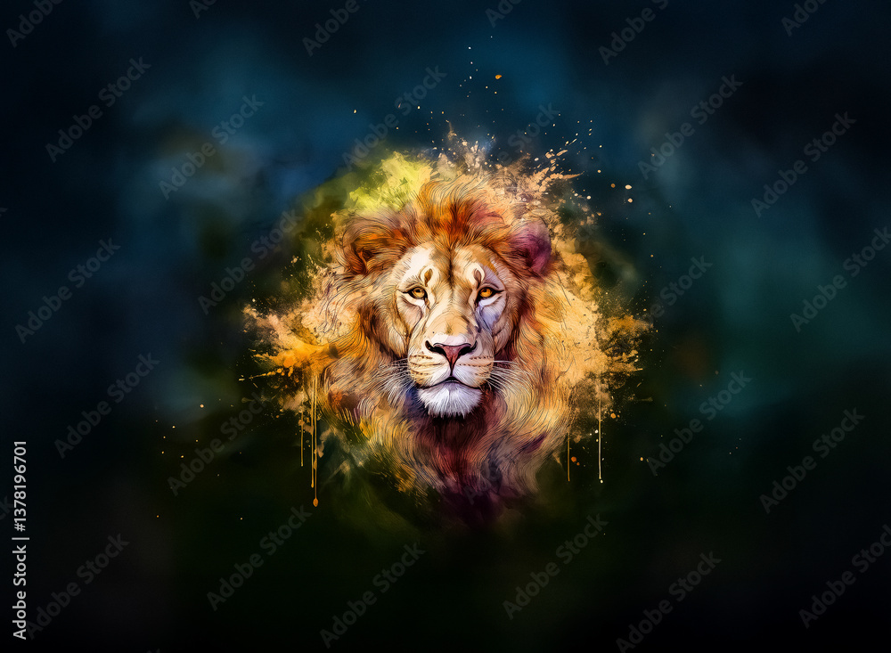 Poster Majestic lion portrait in a vibrant, artistic style. Splashes of color create a dynamic and powerful representation of this wild animal.  A striking and captivating image.