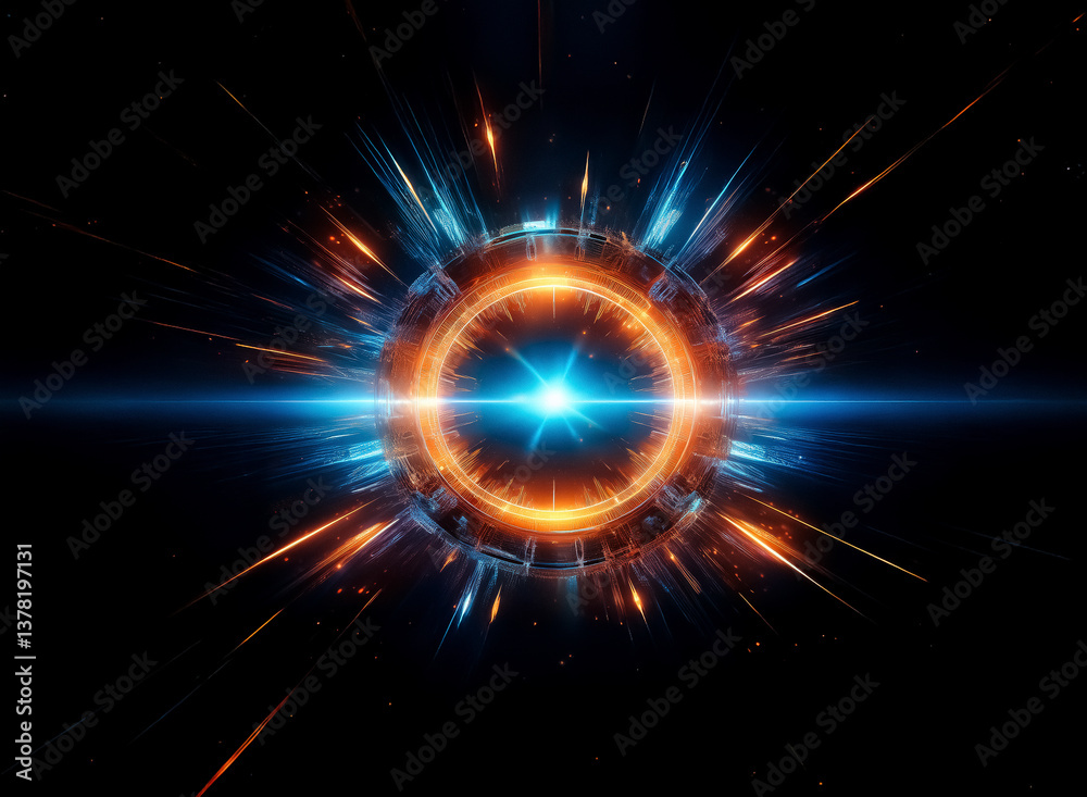 Poster vibrant energy core bursts with orange and blue light. radial beams emanate from the center, creatin
