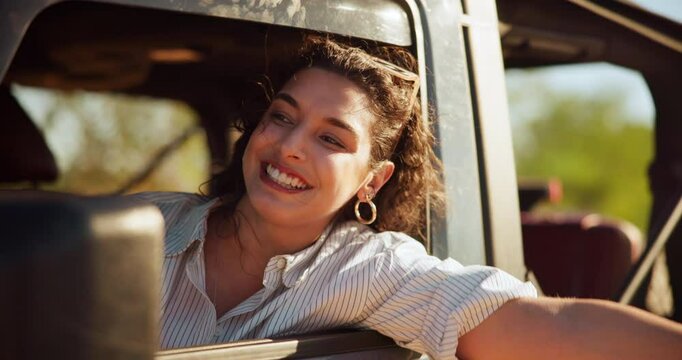 Window, road trip and woman with freedom, car and excited for tourism in vehicle, journey and holiday. Thinking, tourist and person in transport for commuting, travel or girl with smile on vacation