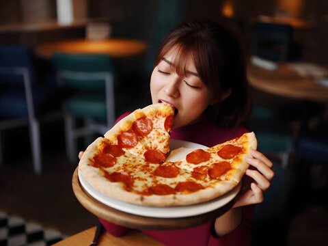 Chica joven asi&aacute;tica sentada en una pizzer&iacute;a, saboreando la pizza de salami reci&eacute;n salida del horno, caliente, crujiente, apetitosa, con los ojos cerrados para disfrutar, cogiendo el plato a dos manos