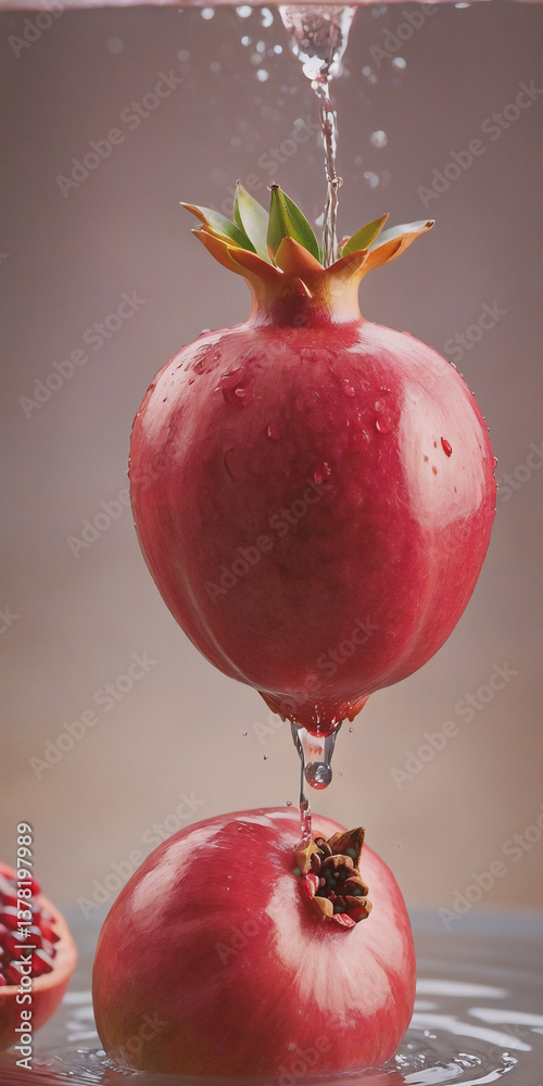 Poster fresh pomegranates are stacked, and water is poured over them, creating a refreshing and vibrant ima