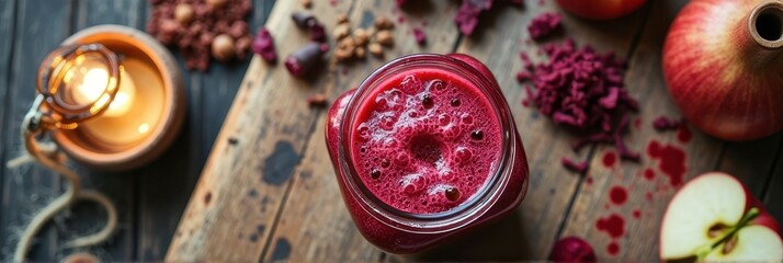 Freshly squeezed apple beetroot juice on rustic wooden table with apples and candlelit ambiance