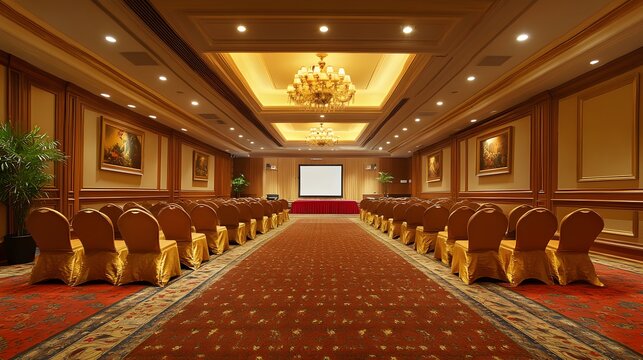 A luxurious conference room is elegantly furnished with rows of gold chairs and a large projection screen ready for a presentation.