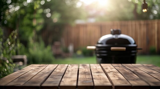 Rustic Wooden Table Summer BBQ Backyard Grill Background Summertime Outdoor Picnic Relaxation Sunny Day Natural Light Garden Scene Perfect for Mockups