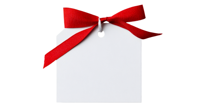 White tag with a red bow attached to it, cut out transparent