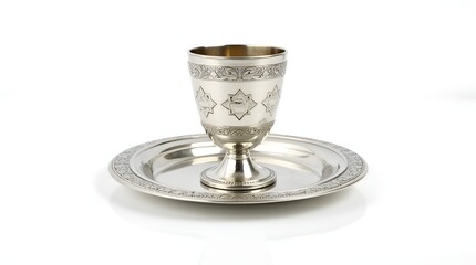 Silver Kiddush Cup with Engravings and Matching Tray