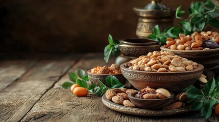 Fototapeta premium Wooden table, assorted nuts, Middle Eastern setting, dried fruit, food photography