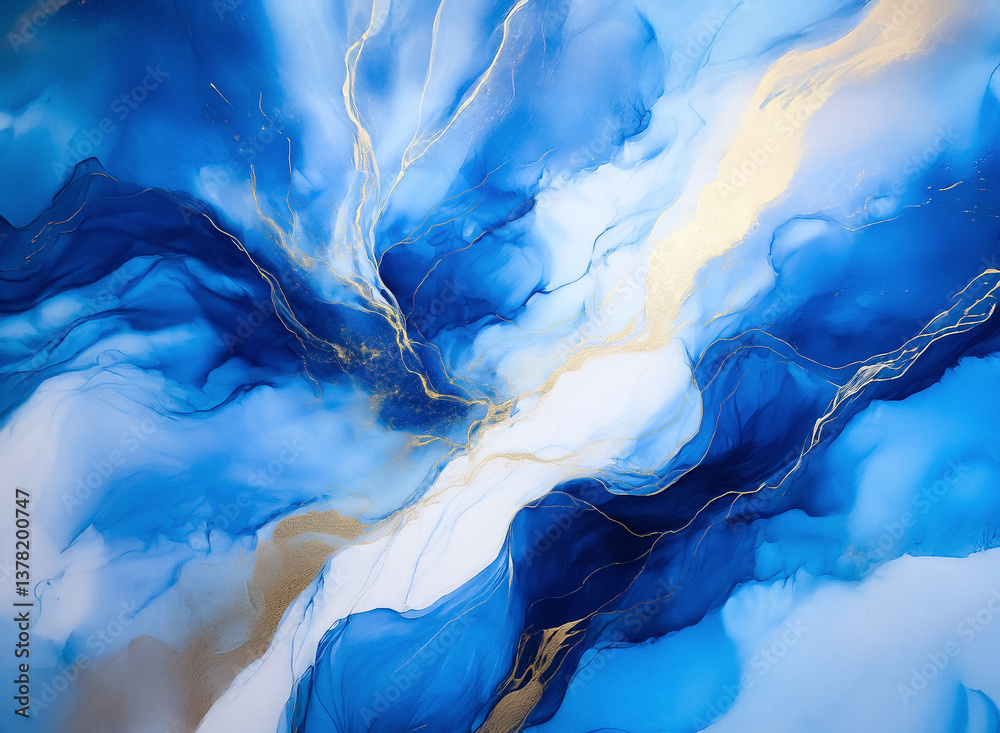 Aufkleber Abstract fluid art with swirling blues and gold accents.  Dynamic and elegant visual with a sense of motion and depth.