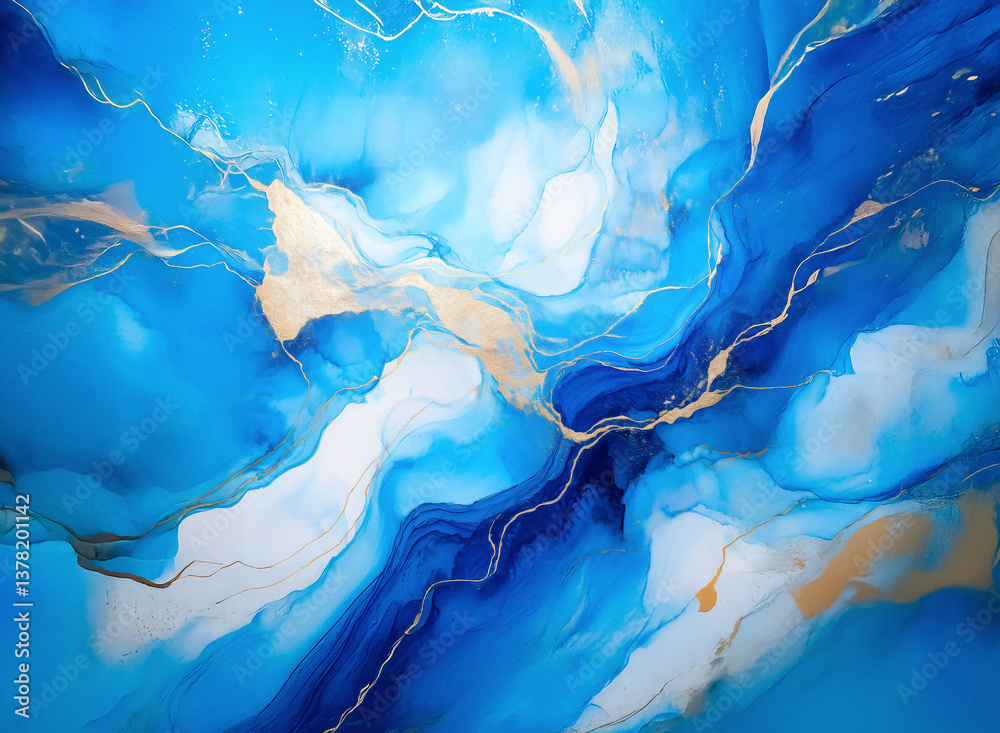 Poster abstract artwork with swirling shades of blue, white and gold creating a fluid and marbled texture. 