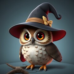 Fototapeta premium Adorable Halloween Owl in Witch's Hat 3D Render Illustration 