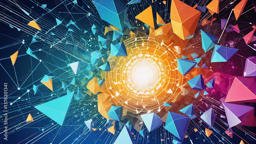 Poster vibrant geometric shapes burst from a glowing center with network lines connecting them, creating an
